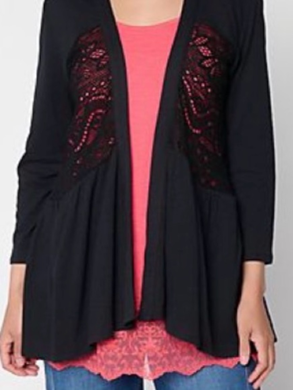 LOGO by Lori Goldstein Black Lace-Panel Open Cardigan